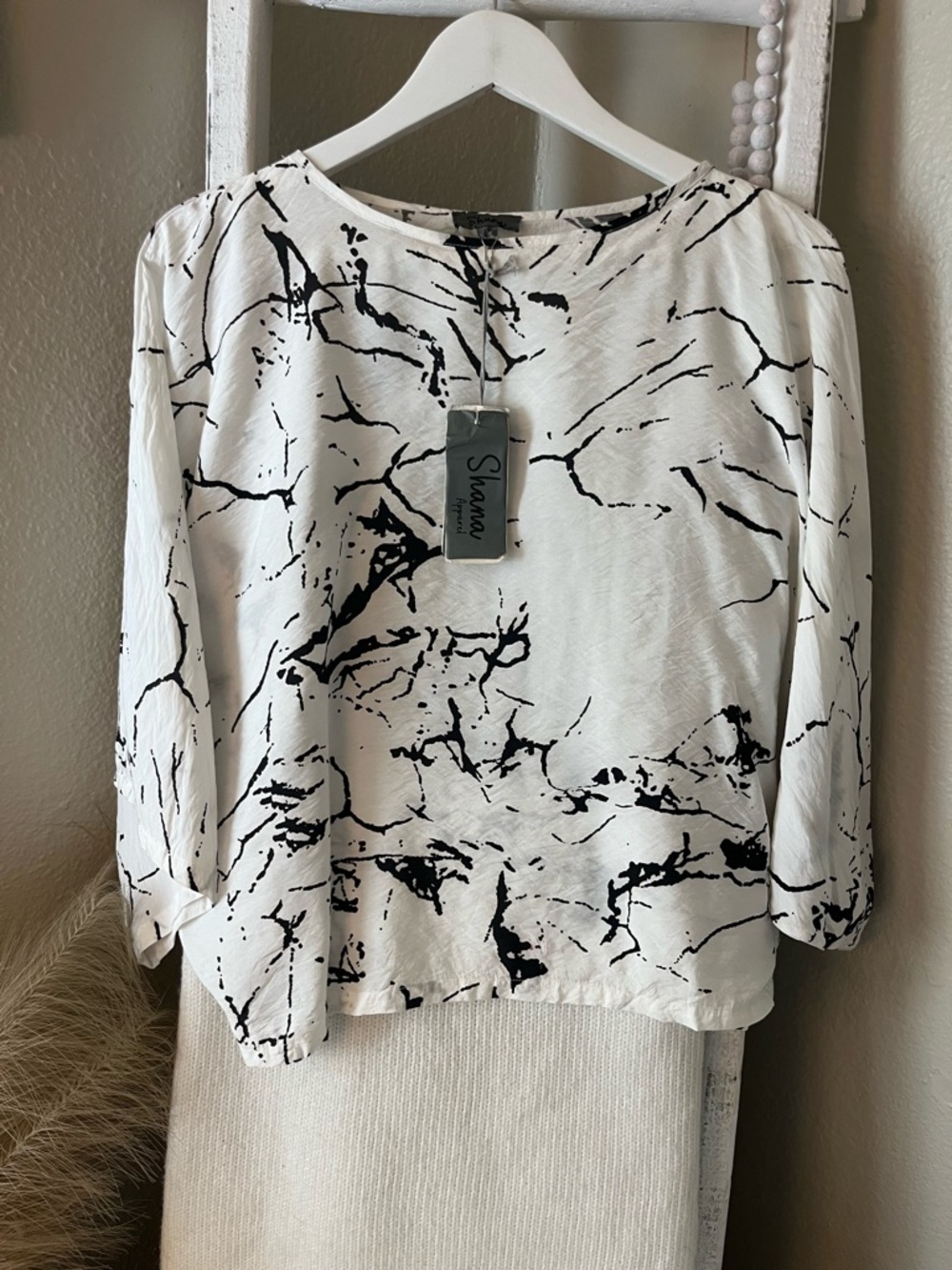 SHAN White Blouse with Black Marble Print Detail